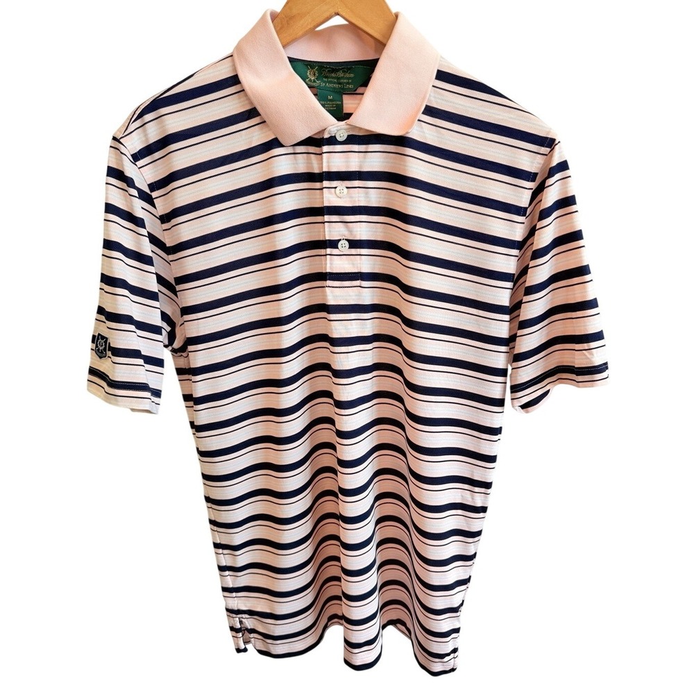 Brooks Brothers Polo Shirt Men Medium Pink Striped St Andrews Links Golf Vtg